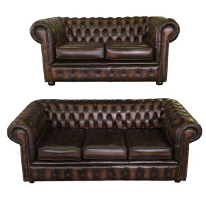 Chesterfield Antique Brown Genuine Leather Three and Two Seater Room Set