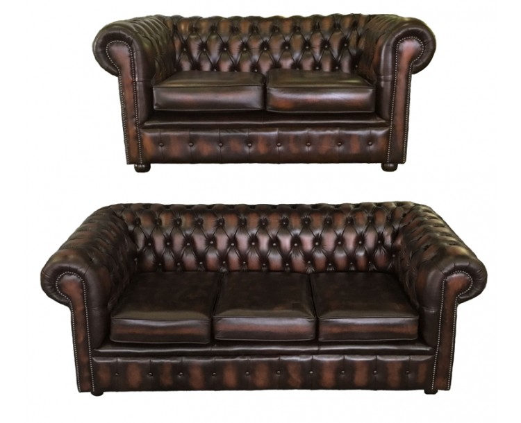 Chesterfield Antique Brown Genuine Leather Three and Two Seater Room Set