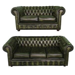 Chesterfield  Antique Green Genuine Leather Three and Two Seater Room Set