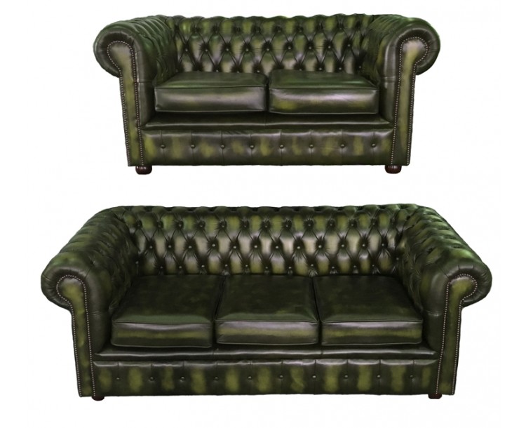 Chesterfield  Antique Green Genuine Leather Three and Two Seater Room Set