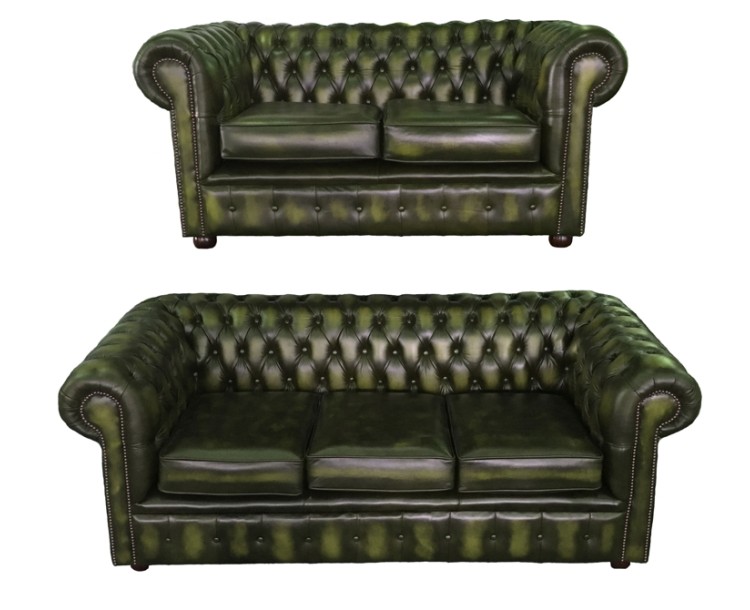 Chesterfield  Antique Green Genuine Leather Three and Two Seater Room Set