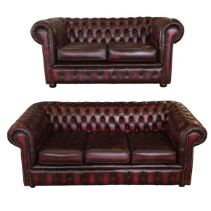 Chesterfield Antique Oxblood Genuine Leather Three and Two Seater Room Set