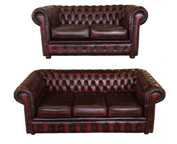 Chesterfield Antique Oxblood Genuine Leather Three and Two Seater Room Set