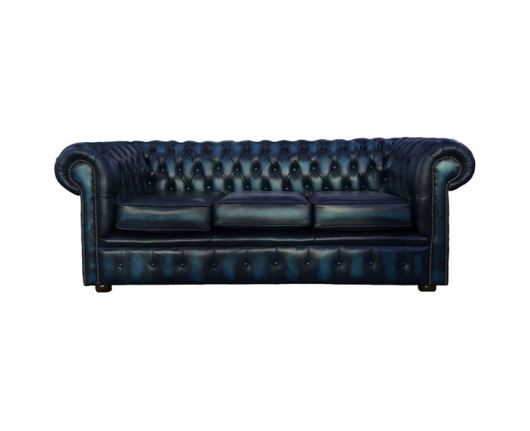 Chesterfield Antique Blue Genuine Leather Three Seater Sofa