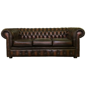 Chesterfield Antique Brown Genuine Leather Three Seater Sofa