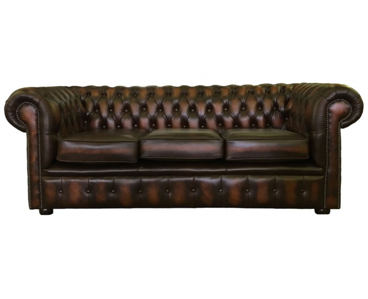 Chesterfield Antique Brown Genuine Leather Three Seater Sofa