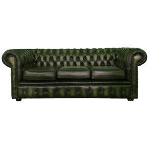 Chesterfield Antique Green Genuine Leather Three Seater Sofa