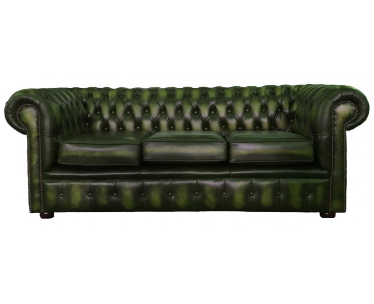 Chesterfield Antique Green Genuine Leather Three Seater Sofa
