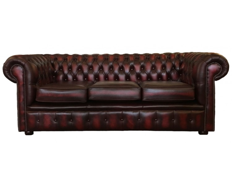 Chesterfield Antique Oxblood Red Genuine Leather Three Seater Sofa