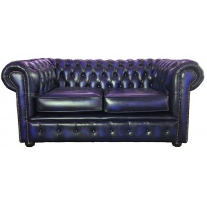 Chesterfield Antique Blue Genuine Leather Two Seater Sofa