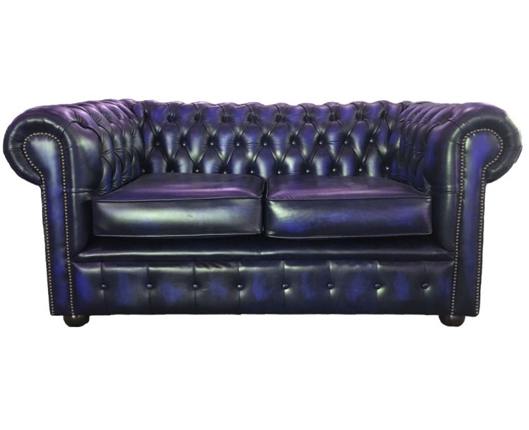 Chesterfield Antique Blue Genuine Leather Two Seater Sofa