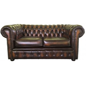 Chesterfield Antique Brown Genuine Leather Two Seater Sofa