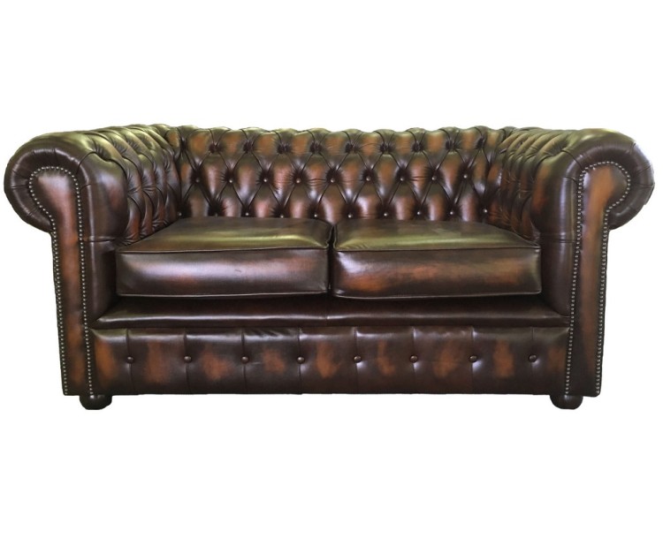 Chesterfield Antique Brown Genuine Leather Two Seater Sofa