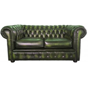 Chesterfield Antique Green Genuine Leather Two Seater Sofa