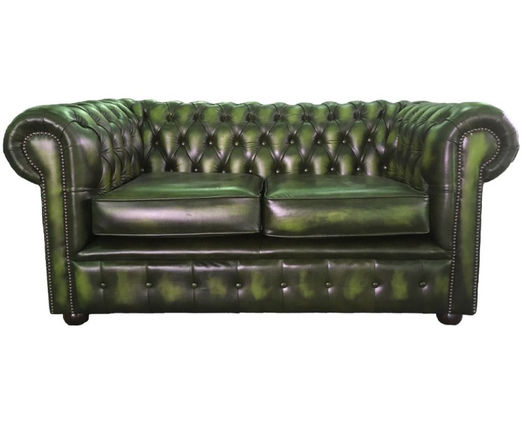 Chesterfield Antique Green Genuine Leather Two Seater Sofa