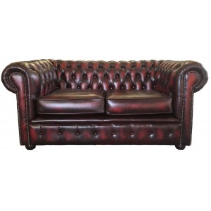 Chesterfield Antique Oxblood Red Genuine Leather Two Seater Sofa