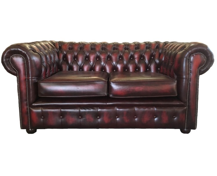 Chesterfield Antique Oxblood Red Genuine Leather Two Seater Sofa