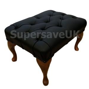 Chesterfield Shelly Black Genuine Leather Queen Anne Footstool