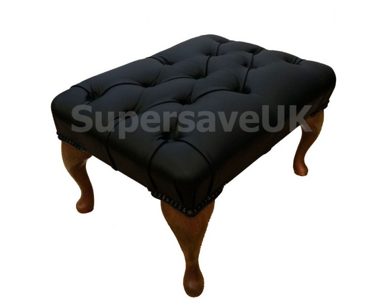 Chesterfield Shelly Black Genuine Leather Queen Anne Footstool